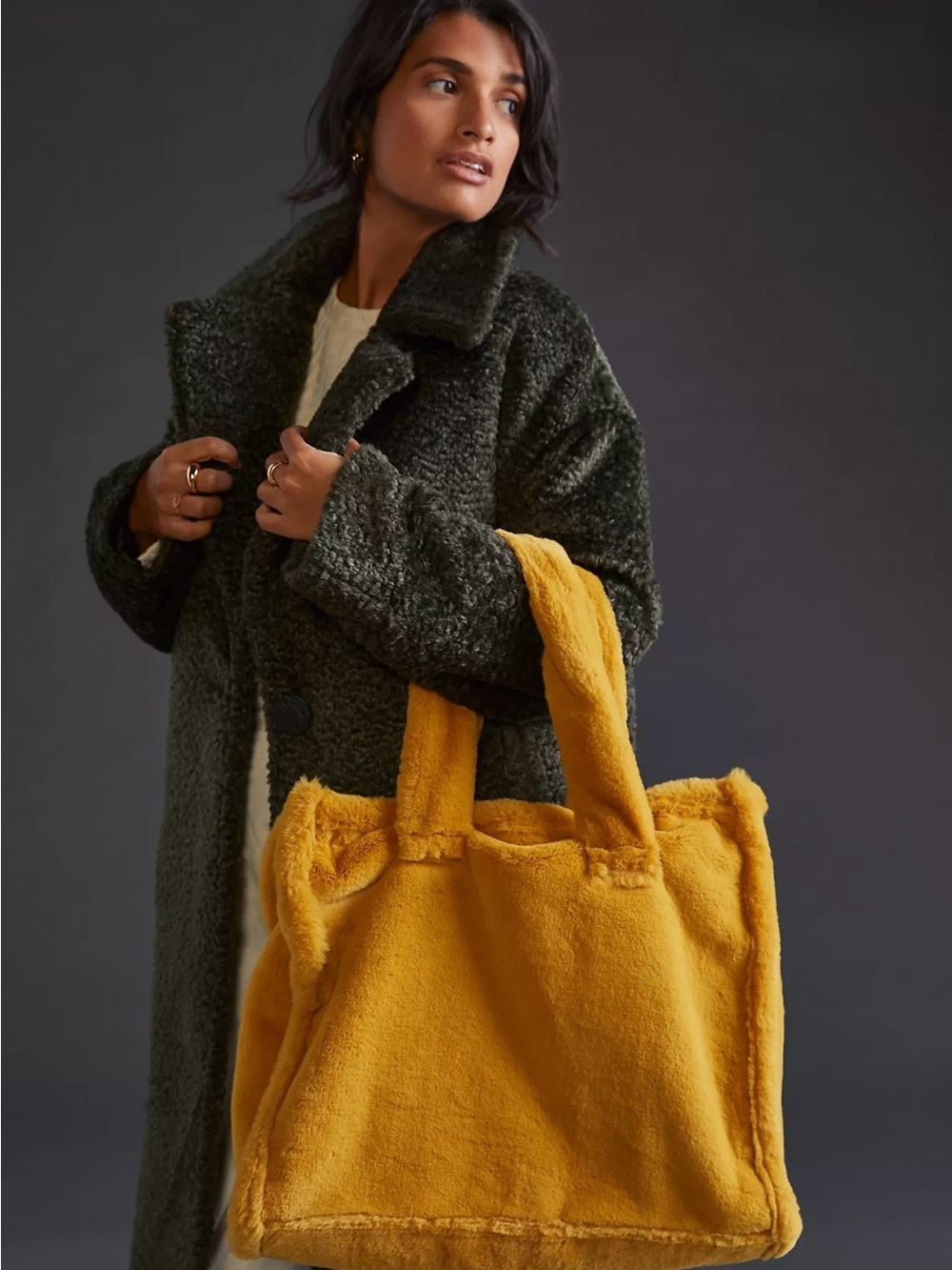 Anthropologie Plush Faux-Fur Tote Bag in Mustard Yellow